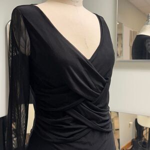 Black Ruched Draped Mesh Long Sleeve Top